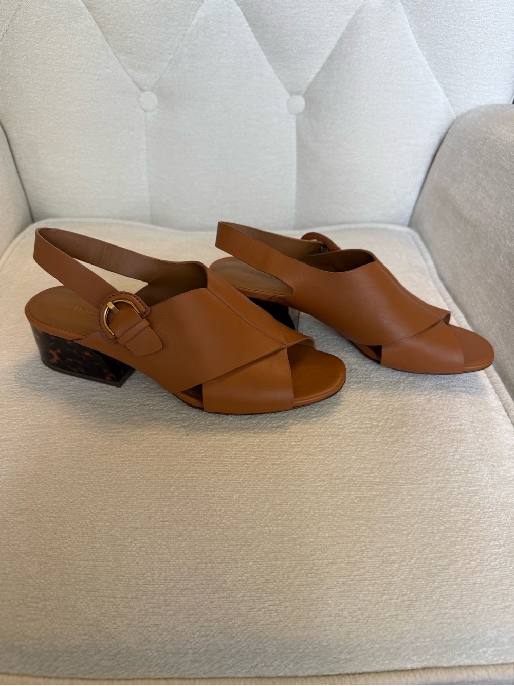 Vince Cognac Leather Tortoise Block Heel Slingback Sandals 7.5